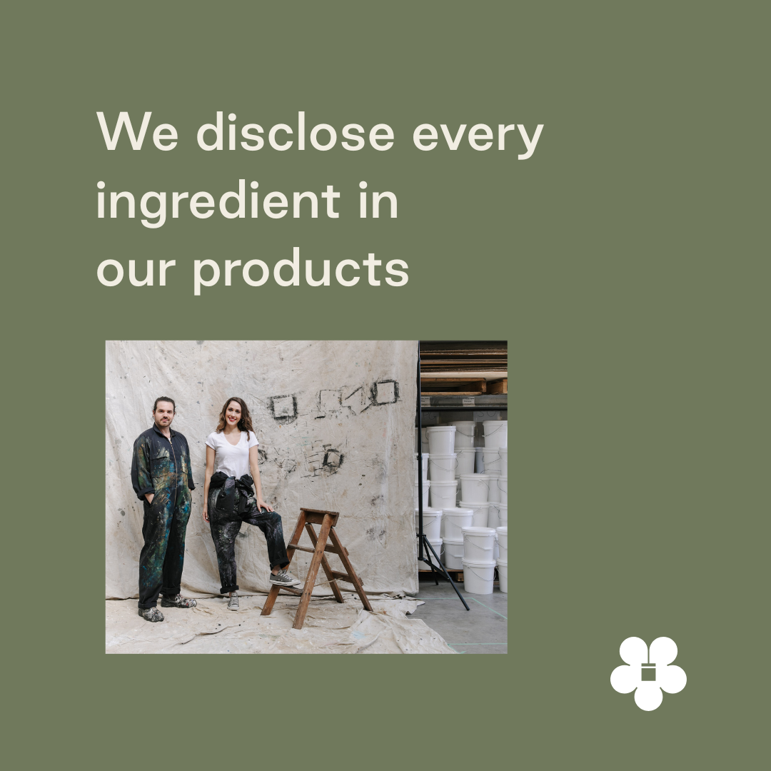 Two people in a workshop with text 'We disclose every ingredient in our products' on a green background.