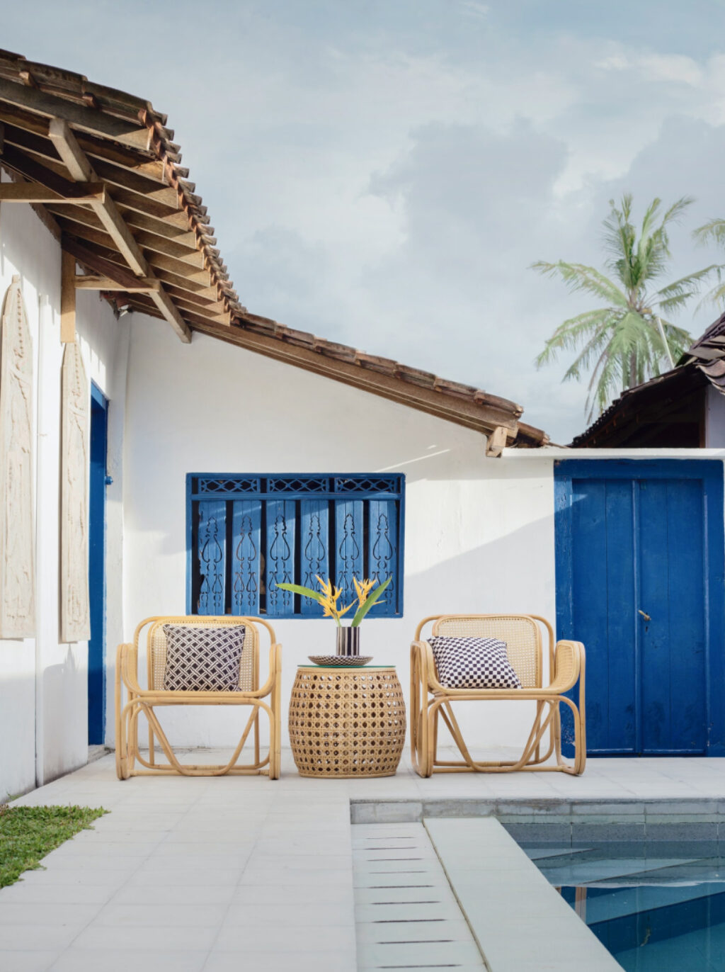 White outdoor pool area in asian villa