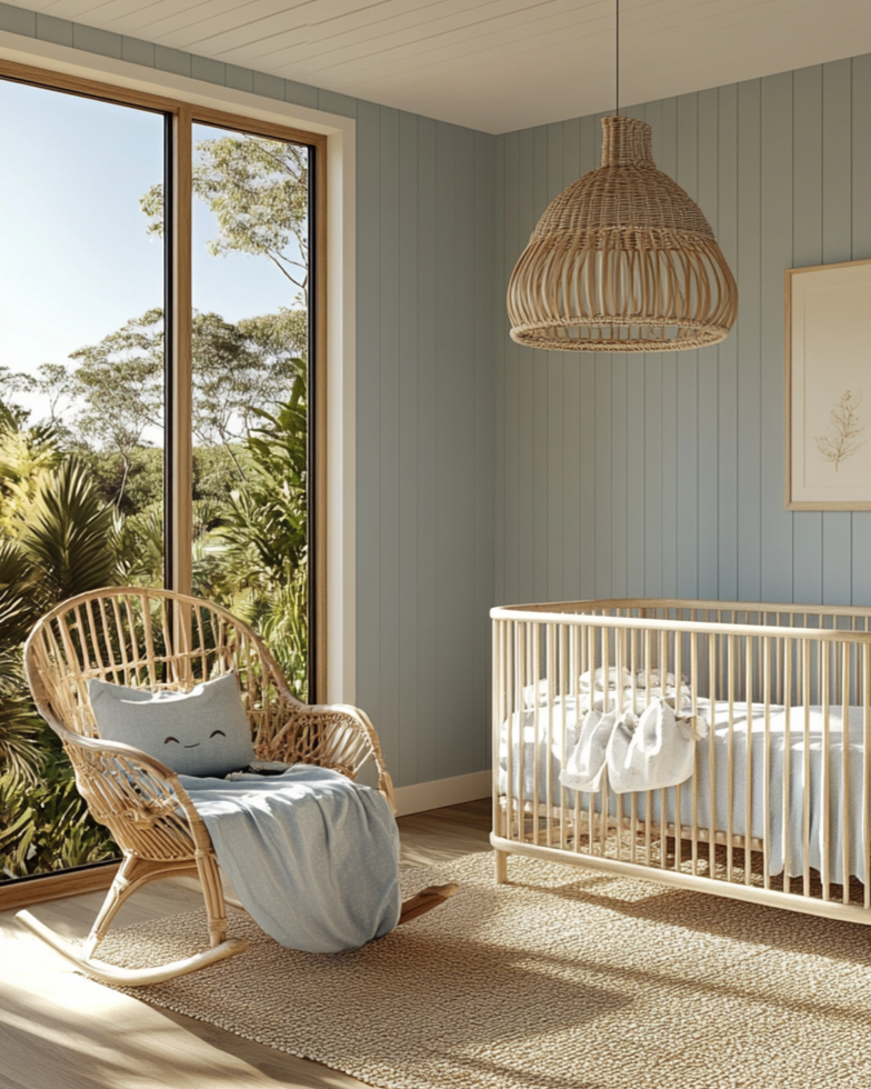 Nursery room painted blue with wooden crib, wicker chair, and large window.