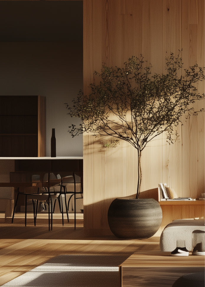 Modern interior with a potted plant against a wooden wall