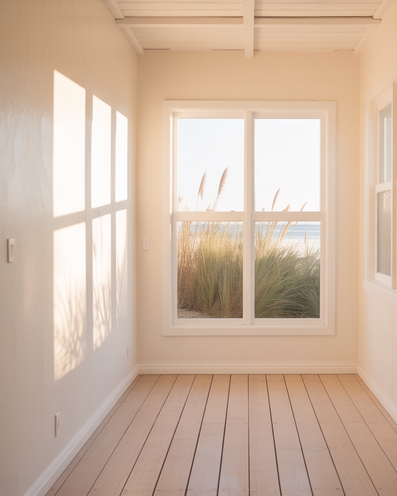 Sunroom with large windows overlooking grass and water, wooden floor, and white walls.