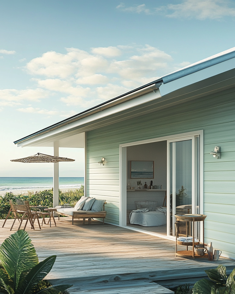 Light blue house with a deck overlooking the ocean
