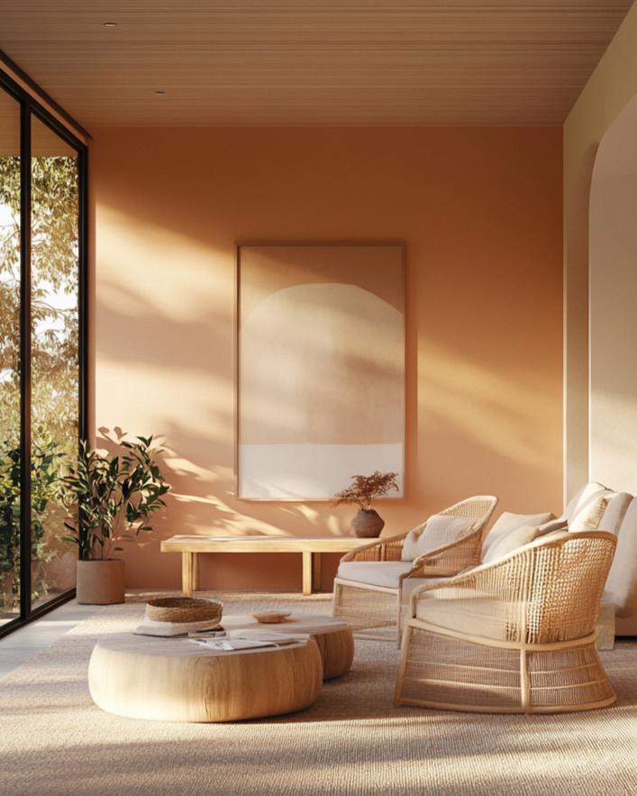 Modern living room with wicker chairs, wooden coffee table, and abstract art on an orange wall.