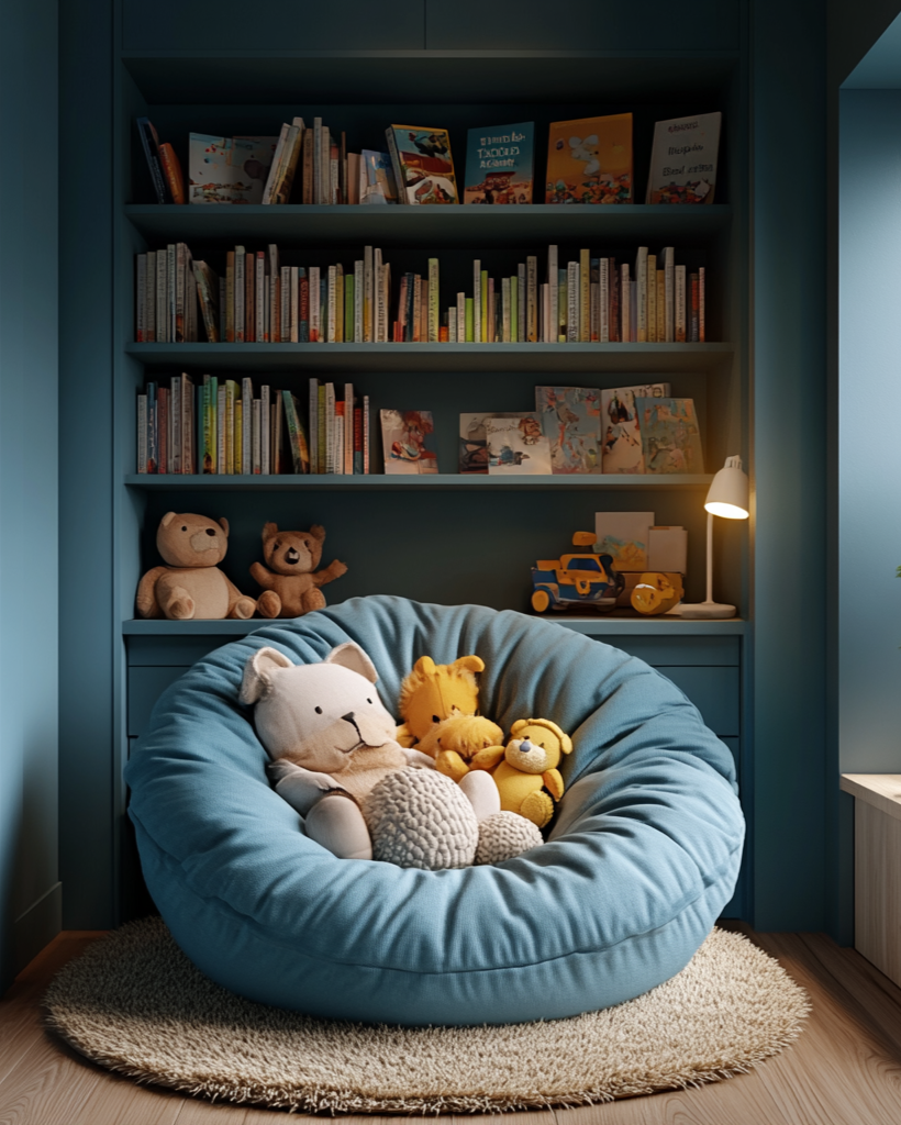 Children's room with a blue bean bag chair, teddy bears, and a bookshelf.