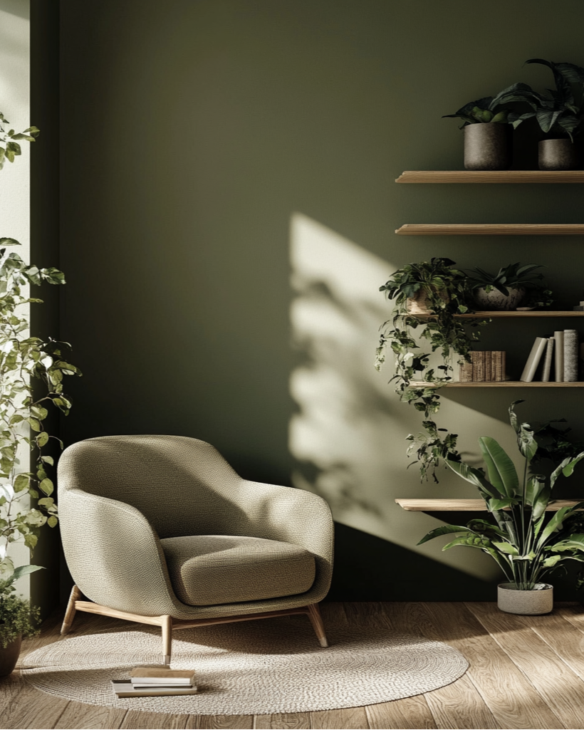 Modern living room with a beige armchair, wooden shelves, and various plants.