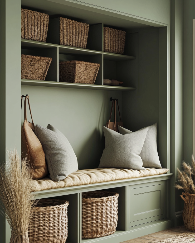Nook with built-in bench, storage baskets, and pillows in a home setting.