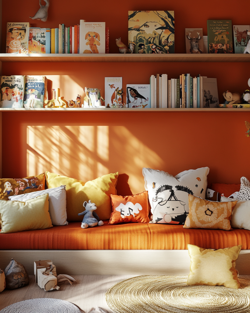 Children's room with a reading nook featuring books, toys, and colorful cushions on an orange wall.