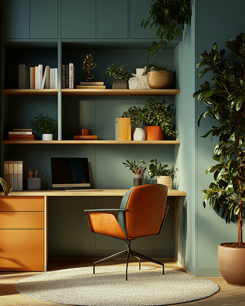 Modern home office with a desk, chair, and shelves filled with books and plants.
