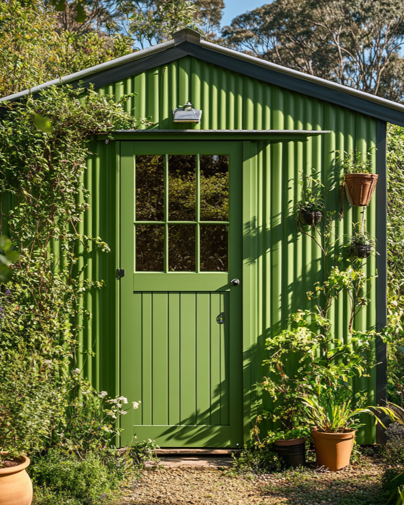 Green garden shed with a door, surrounded by plants and trees