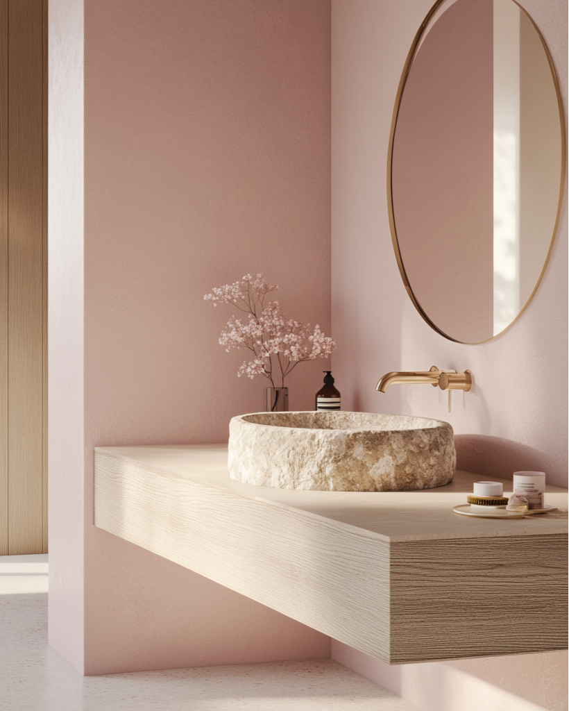 Modern bathroom with stone sink, round mirror, and pink walls.