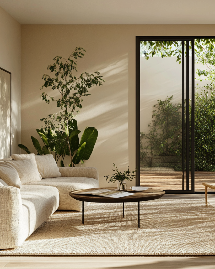 Modern living room with beige sofa, round coffee table, and wicker chair, featuring a large sliding glass door leading to an outdoor area with greenery.