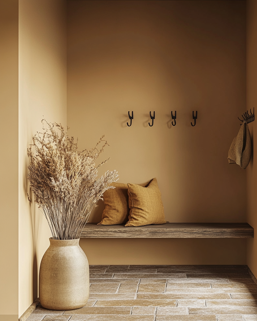 Nook with wooden bench, vase with dried plants, and wall hooks in a warm-toned room.