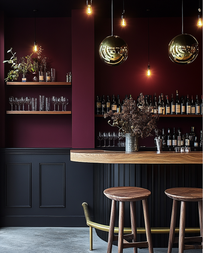 Modern bar interior with wooden counter, stools, and wine bottles against a dark wall.