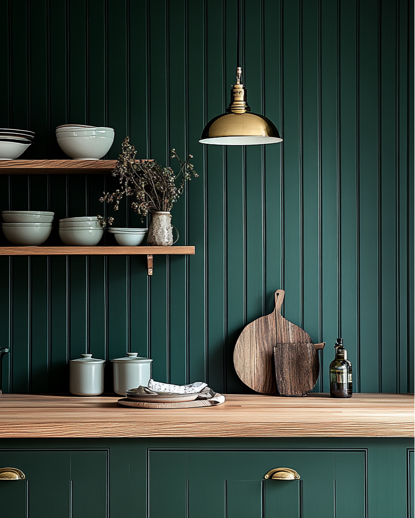 Kitchen interior with wooden shelves and countertop against a green paneled wall.