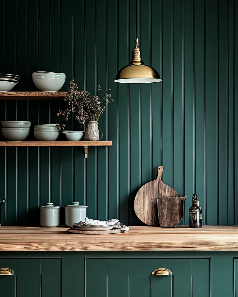 Kitchen interior with wooden shelves and countertop against a green paneled wall.