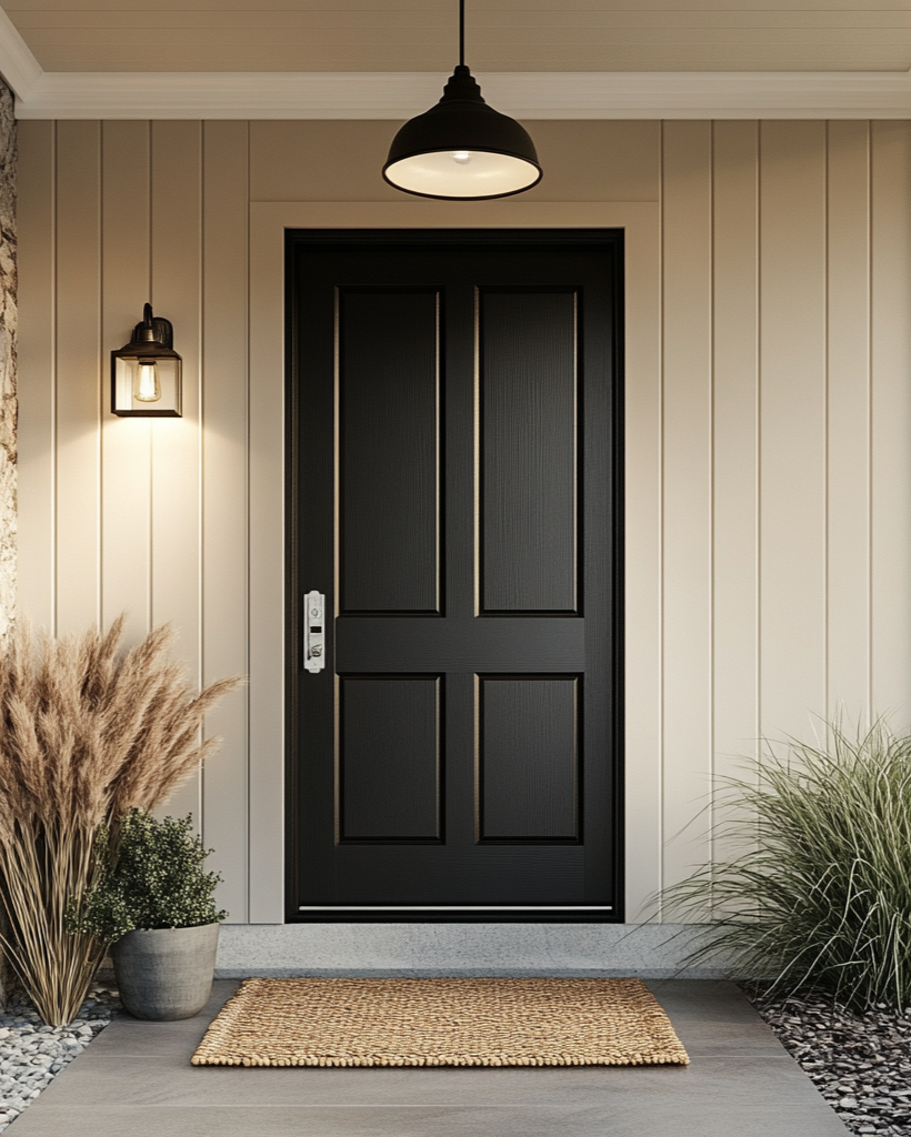 Black front door of a house with decorative elements like pampas grass and a mat.