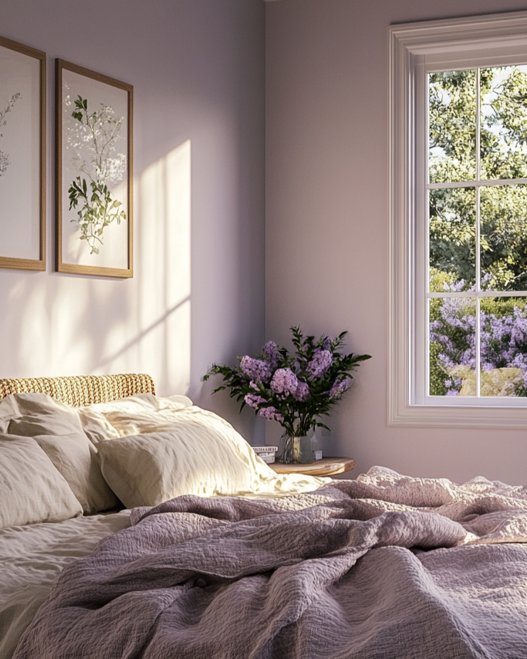 Cozy bedroom with a bed, window, and flowers on a table.