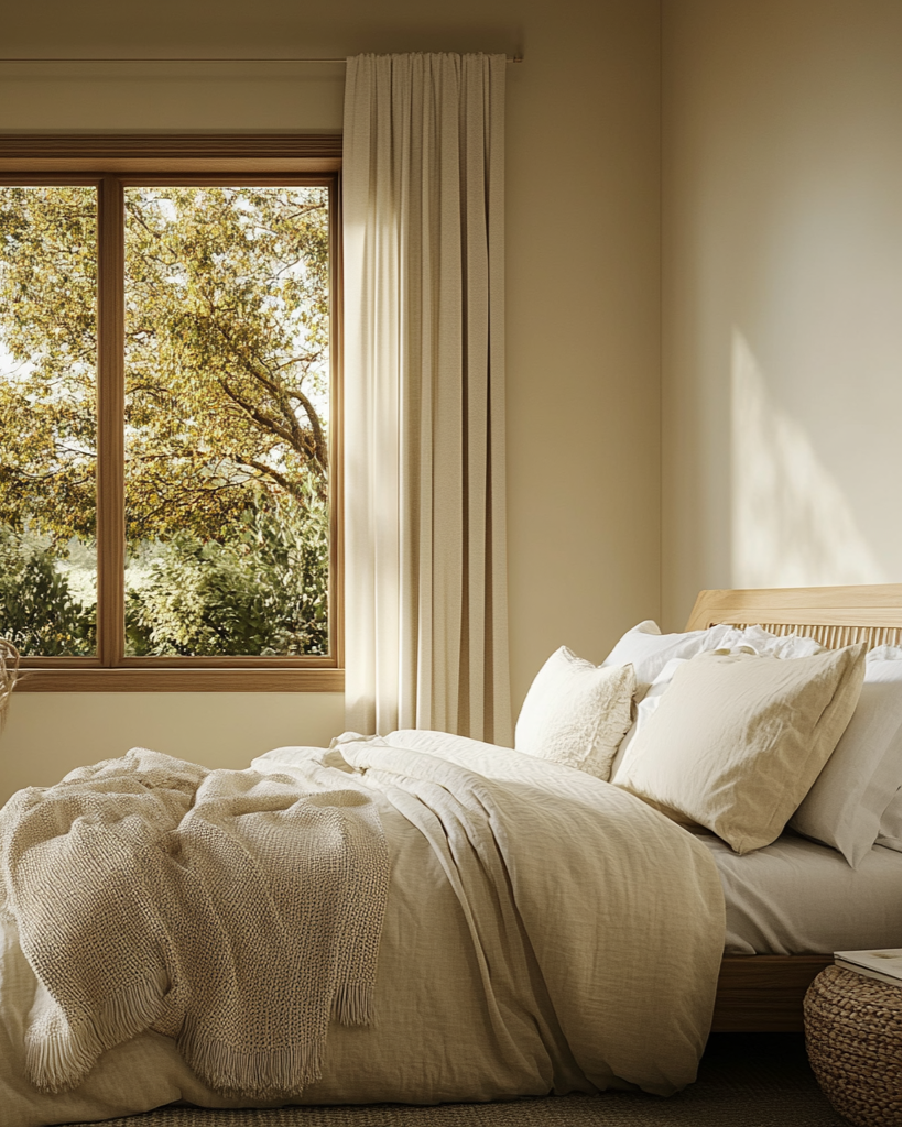 Cozy bedroom with a large window showing greenery outside, featuring a bed with white bedding and pillows.