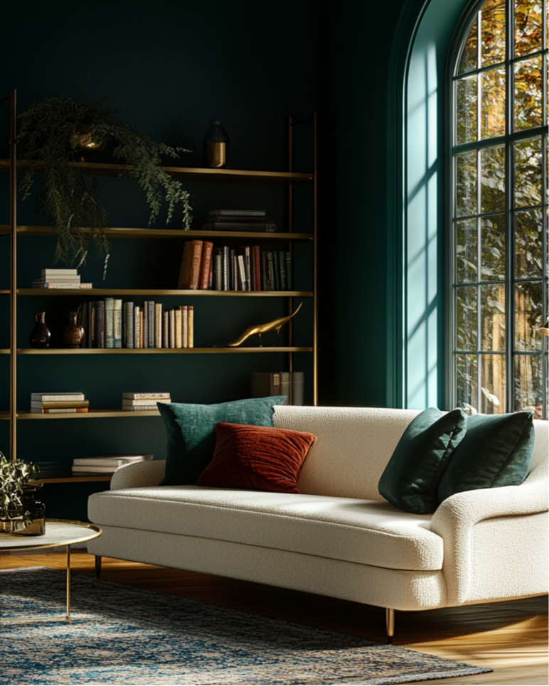 Modern living room with a white sofa, bookshelf, and large window.