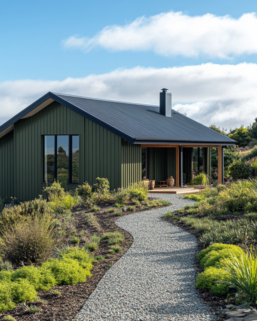 Modern green house with a gravel path leading to it, surrounded by greenery under a blue sky.