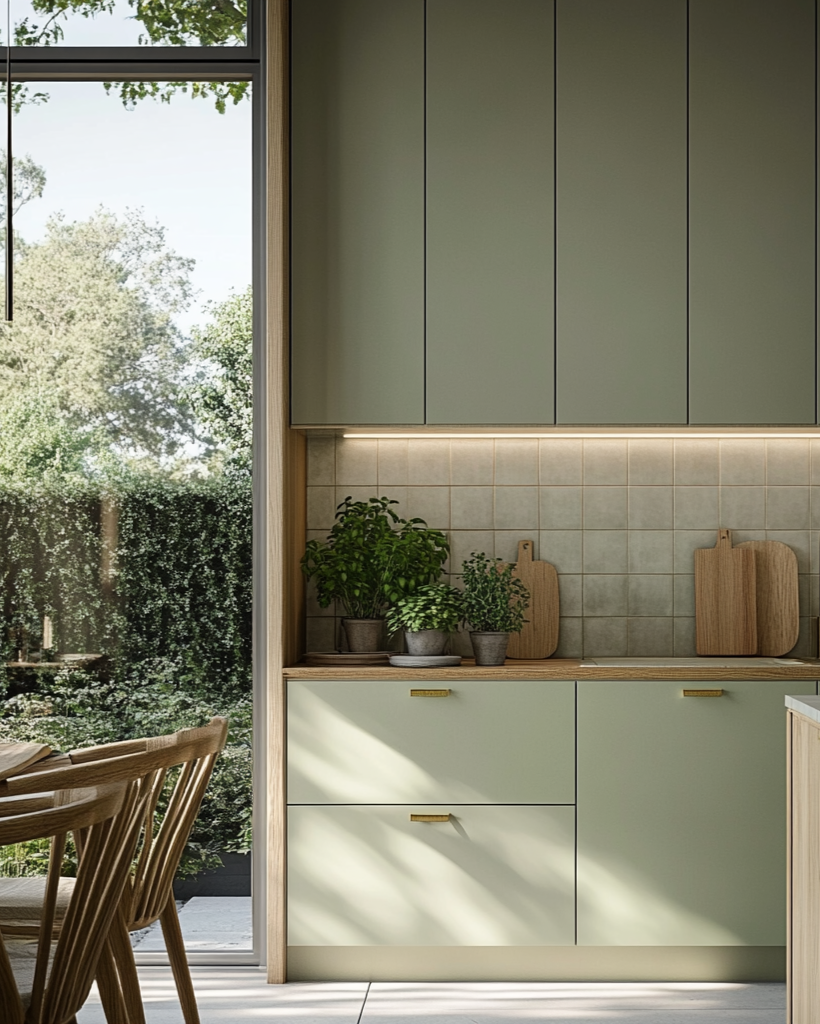 Modern kitchen with green cabinets and a view of trees outside