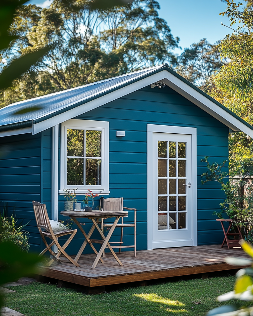 Blue garden shed with wooden deck and outdoor furniture, surrounded by greenery.