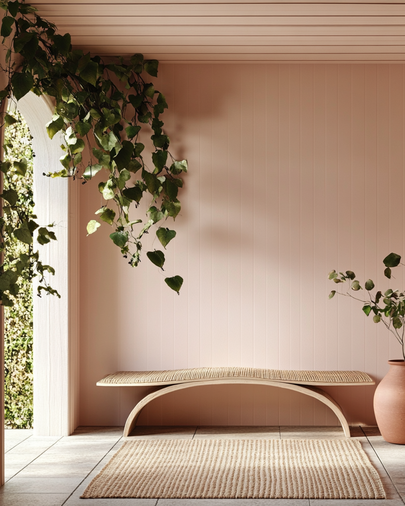 Minimalist interior with a bench, vase, and plants against a pink wall.