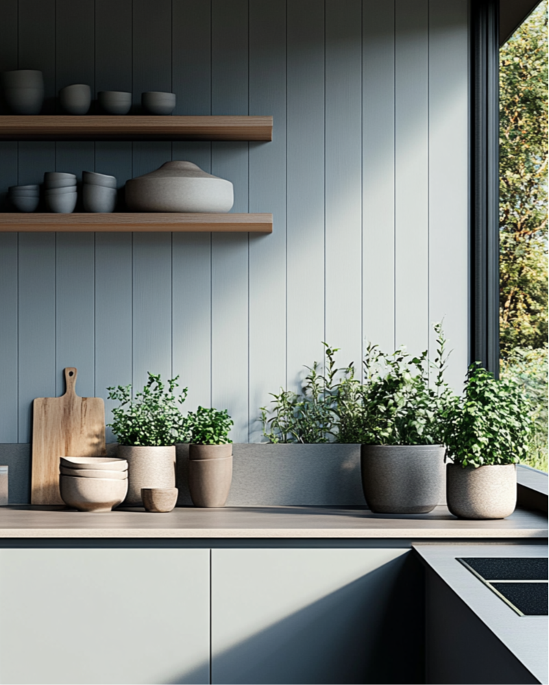 Modern kitchen with wooden shelves, potted plants, and a window view of greenery.