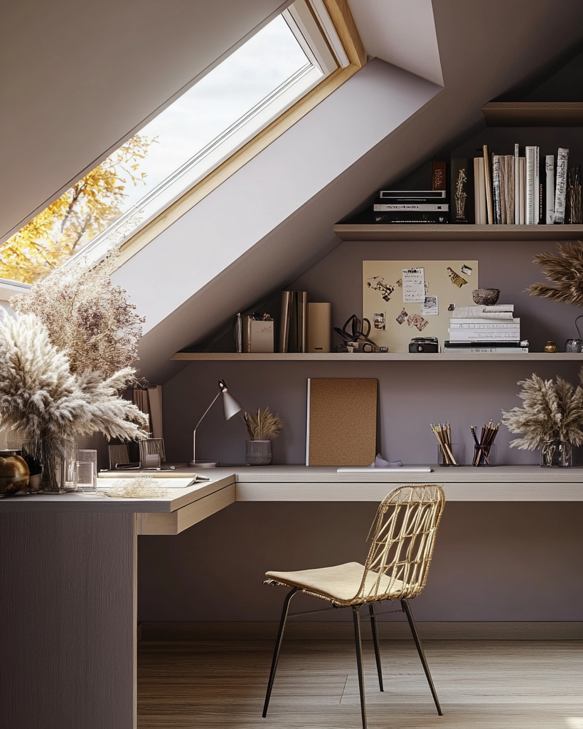 Home office with a sloped ceiling, desk, and bookshelf.