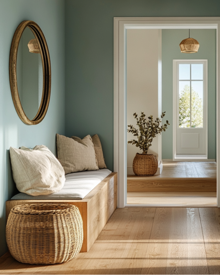 Nook with wooden bench, pillows, and round mirror in a home interior.