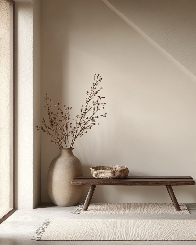 Vase with dried branches and a wooden bench against a neutral wall.
