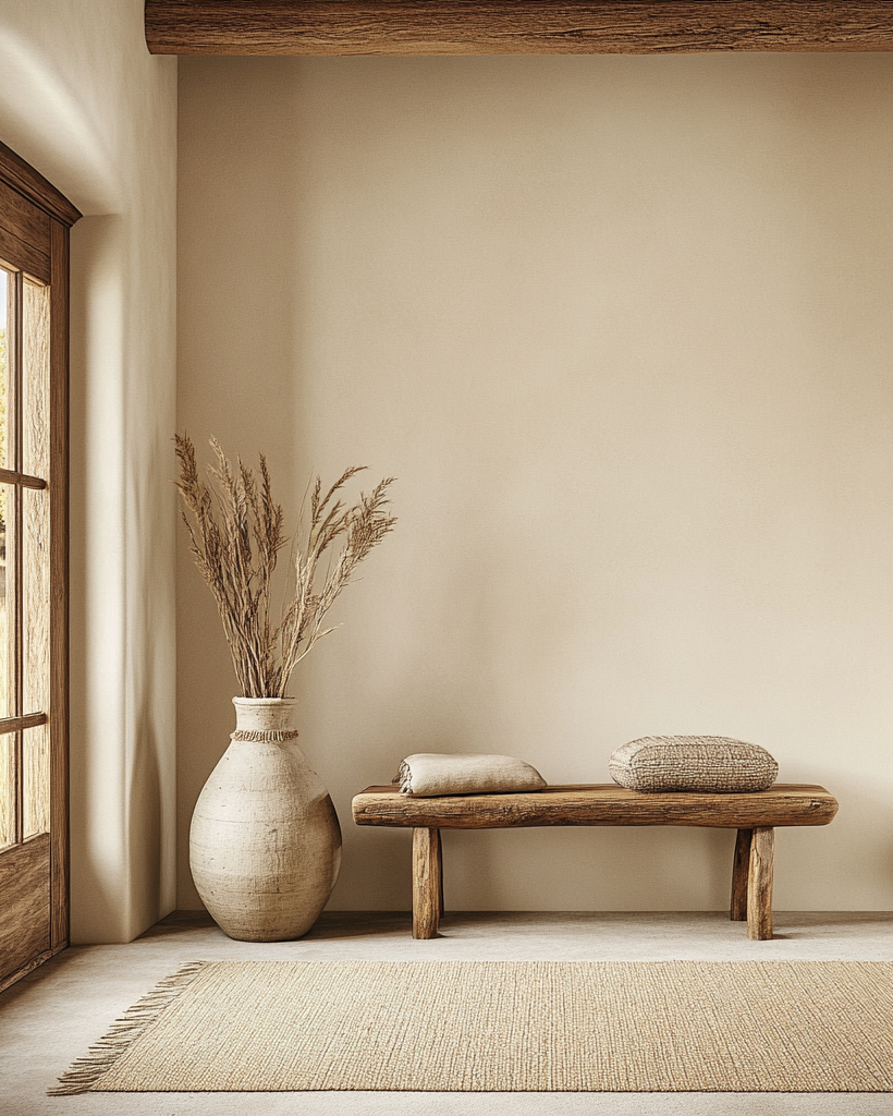 Nestled corner of a room with a wooden bench, vase with dried plants, and rug.